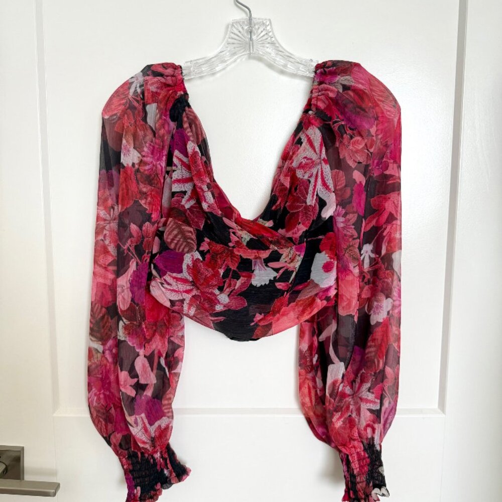 Balloon Sheer Sleeve Pink Floral Crop Top - A.Peach - Medium